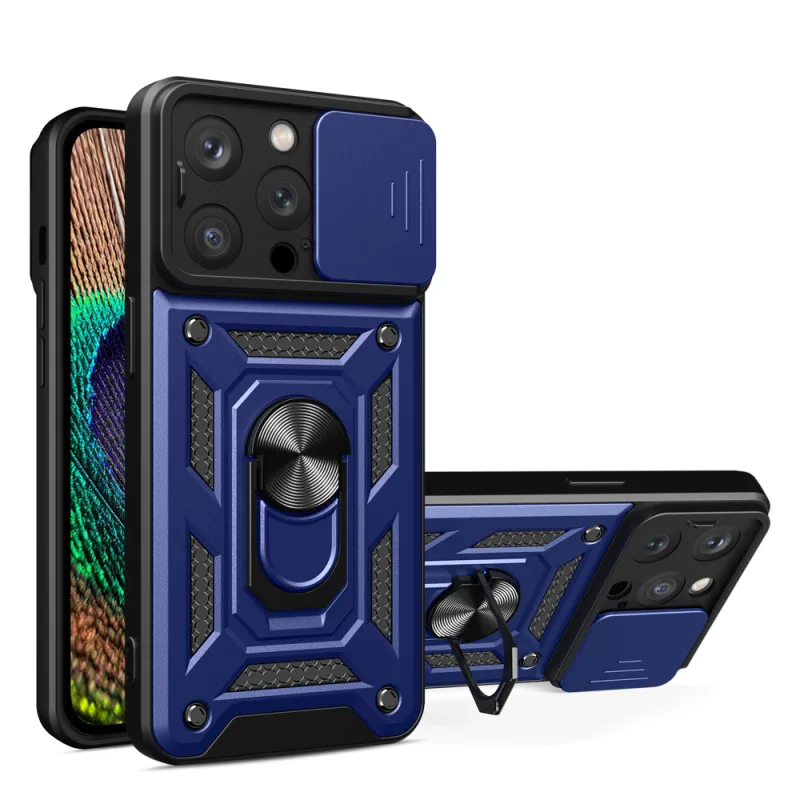 Kryt Hybrid Armor Camshield iPhone 15 Pro so stojanom a krytom fotoaparátu – modrý