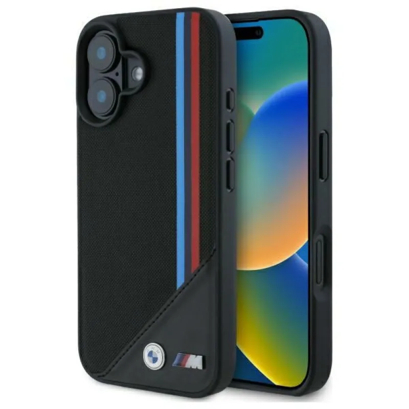 BMW M Meshed Tricolor Stripes Puzdro MagSafe pre iPhone 16 - čierne