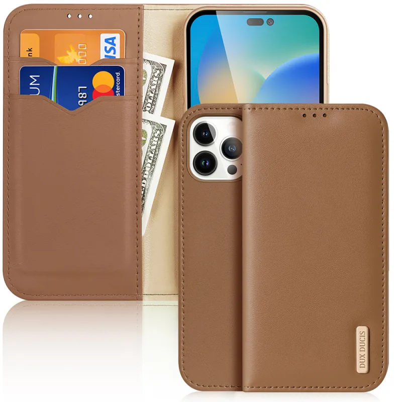 Dux Ducis Hivo Leather Flip Cover Originálna kožená peňaženka na karty a dokumenty iPhone 14 Pro Max Brown