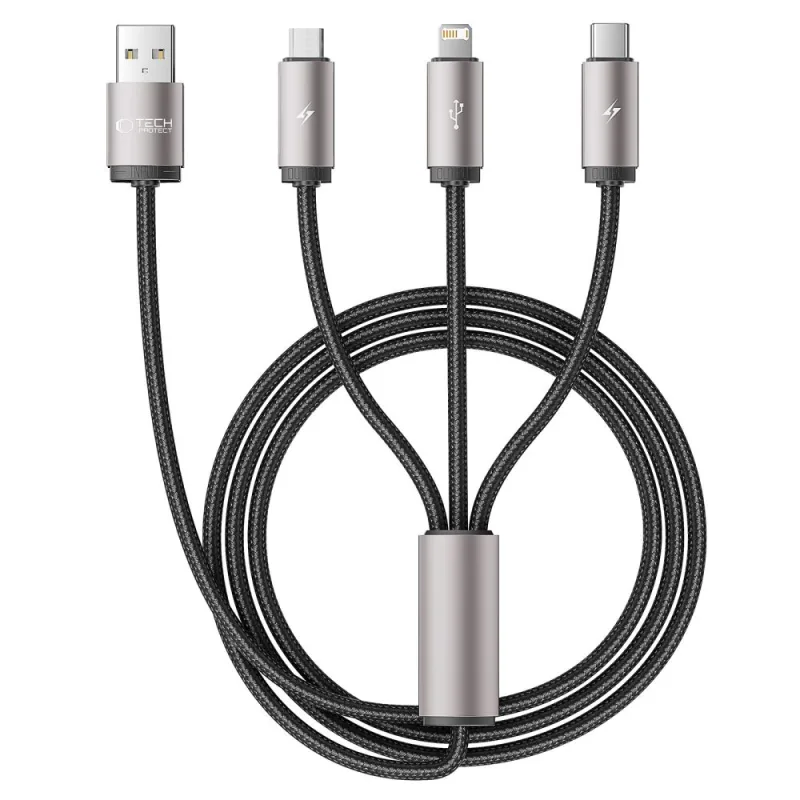 Tech-Protect UltraBoost 3v1 USB-A - Lightning / USB-C / micro USB 3,5A kábel 1m - sivý