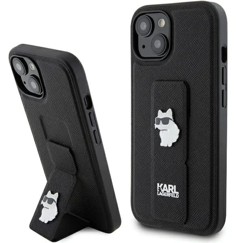 Karl Lagerfeld Gripstand Saffiano Choupette Pins puzdro pre iPhone 15 - čierne