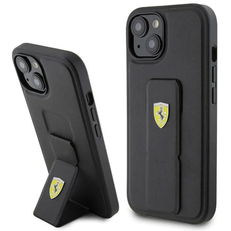 Kryt Ferrari Grip Stand Metal Logo pre iPhone 15 - čierny