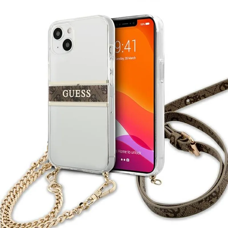 Guess GUHCP13SKC4GBGO iPhone 13 mini 5,4" priehľadné pevné puzdro 4G hnedá zlatá retiazka