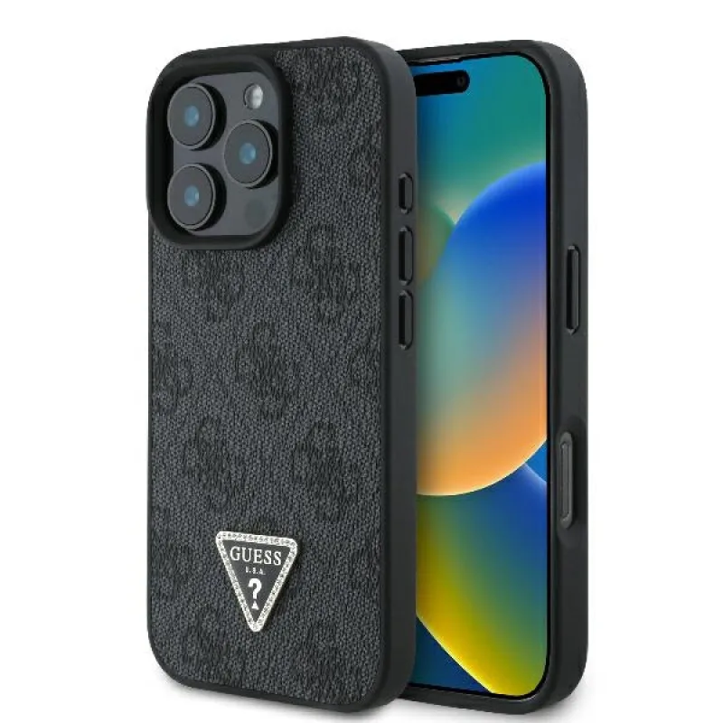 Guess Leather 4G Triangle Strass MagSafe Case pre iPhone 16 Pro Max – čierny