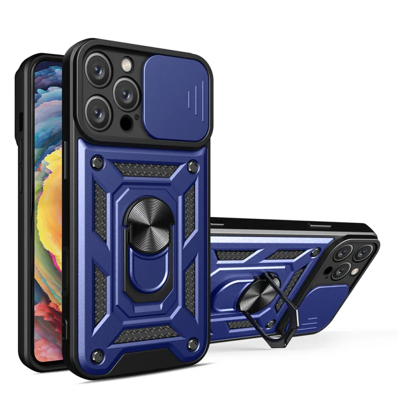 Pancierové puzdro Hybrid Armor Camshield iPhone 16 Pro Max s krytom fotoaparátu a stojanom – modré