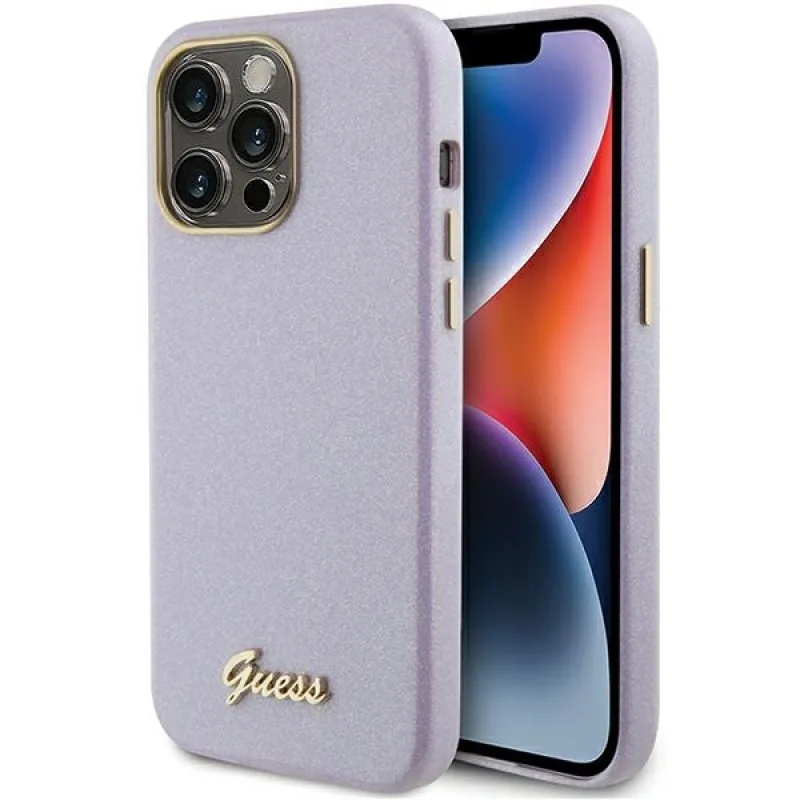 Guess Glitter Glossy Script puzdro pre iPhone 15 Pro - lila