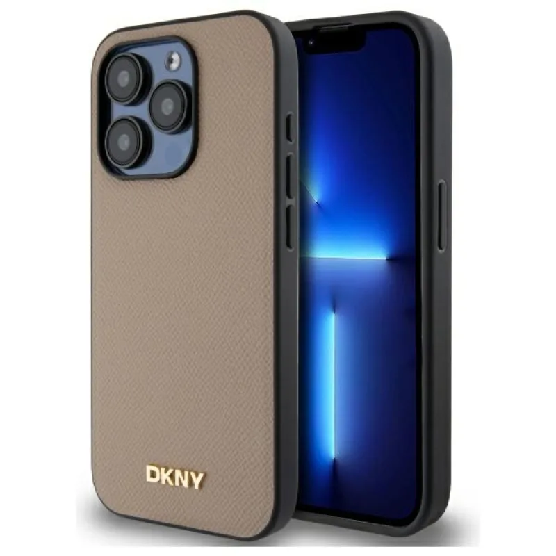 Puzdro DKNY Grained Metal Logo MagSafe iPhone 15 Pro – béžové