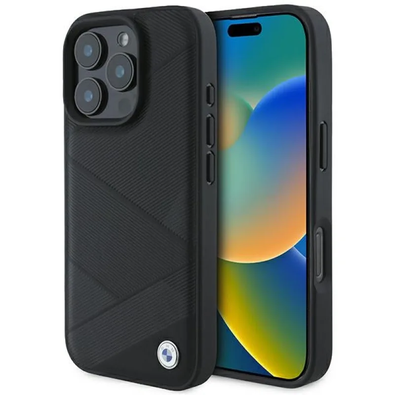 BMW Signature Leather Crossing Lines Pattern iPhone 16 Pro Case – čierne