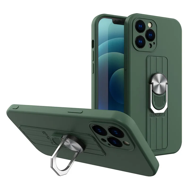 Silikónové puzdro Ring Case s uchopením na prsty a stojanom pre Samsung Galaxy A42 5G tmavo zelené