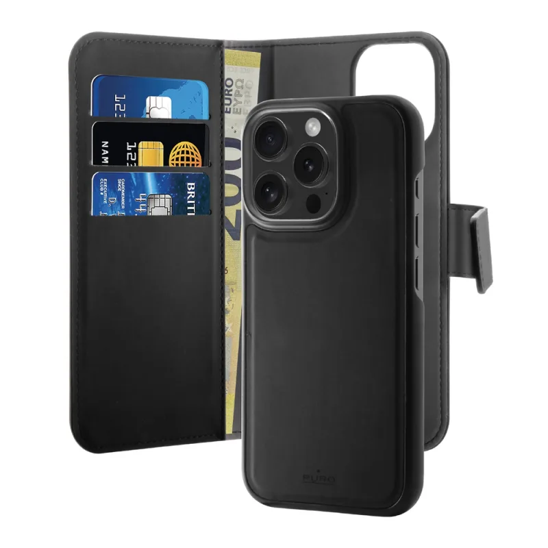 Puro Wallet Odnímateľné MagSafe 2v1 PU kožené puzdro s chlopňou a peňaženkou pre iPhone 16 Pro – čierne