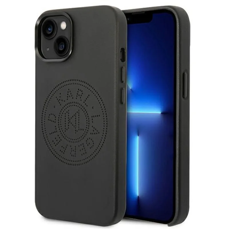 Kožené puzdro s perforovaným logom Karl Lagerfeld pre iPhone 14 Plus – čierne