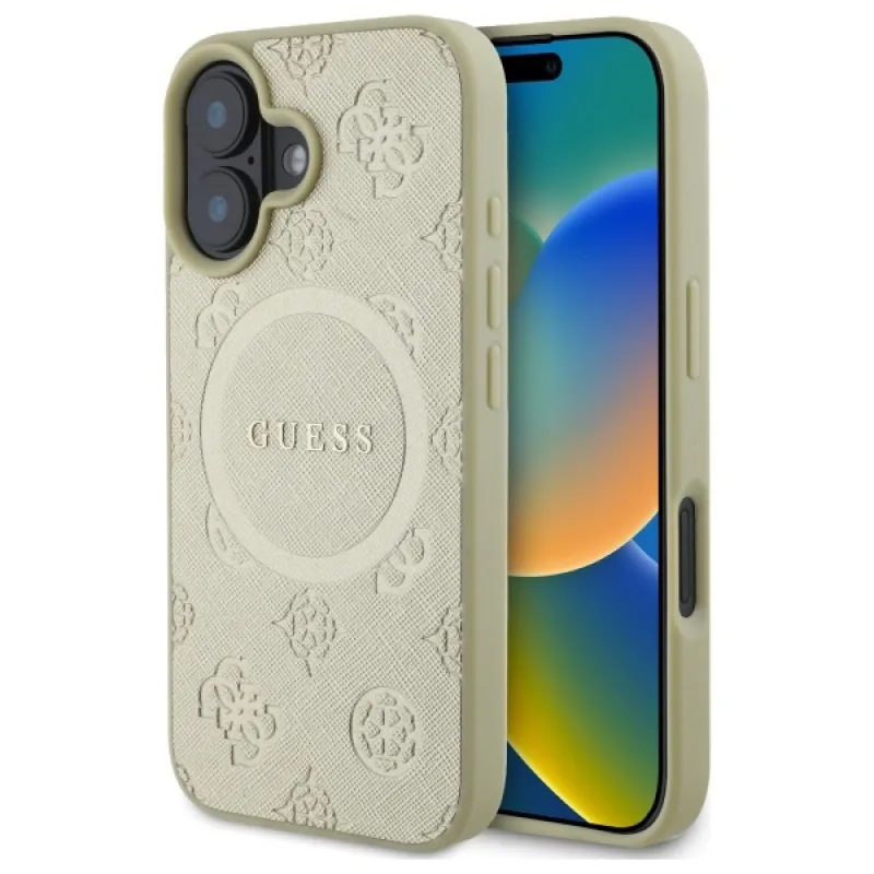 Puzdro Guess Saffiano Peony Classic Logo MagSafe pre iPhone 16 - zlaté