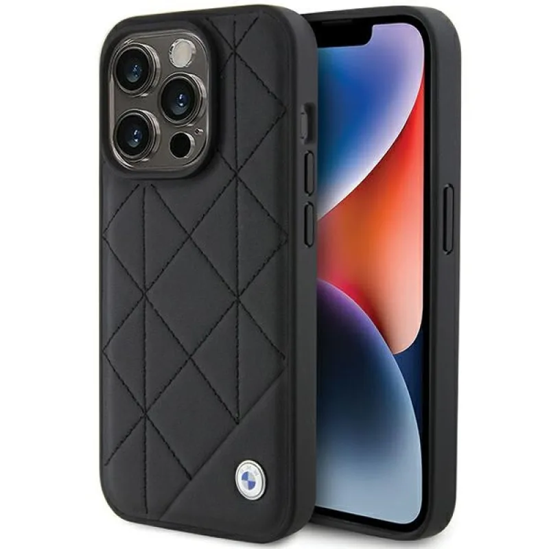 BMW Kožené prešívané puzdro pre iPhone 15 Pro Max - čierne