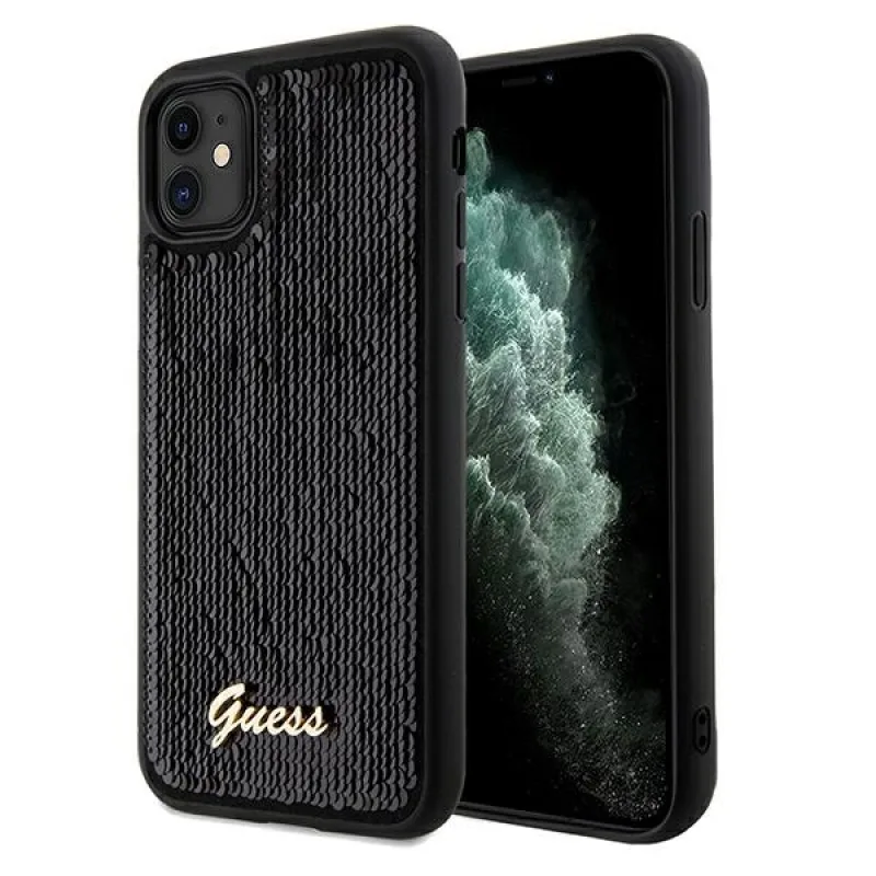 Guess Sequin Script Kovové puzdro pre iPhone 11 / Xr - čierne