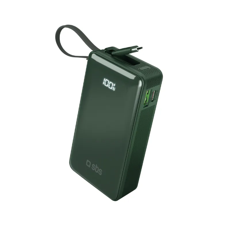 Powerbanka SBS 10000 mAh 20W so vstavaným káblom USB-C a digitálnym displejom - zelená