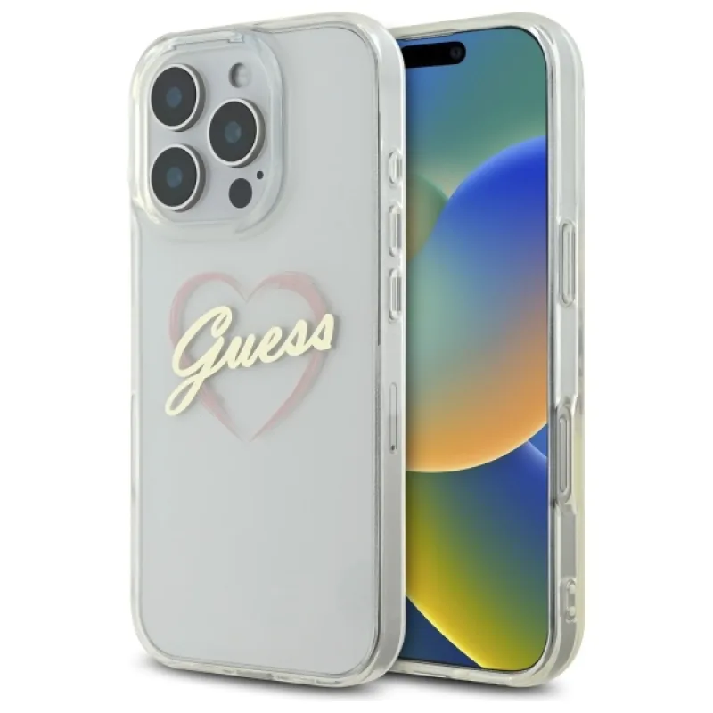 Puzdro Guess IML Heart pre iPhone 16 Pro Max – priehľadné