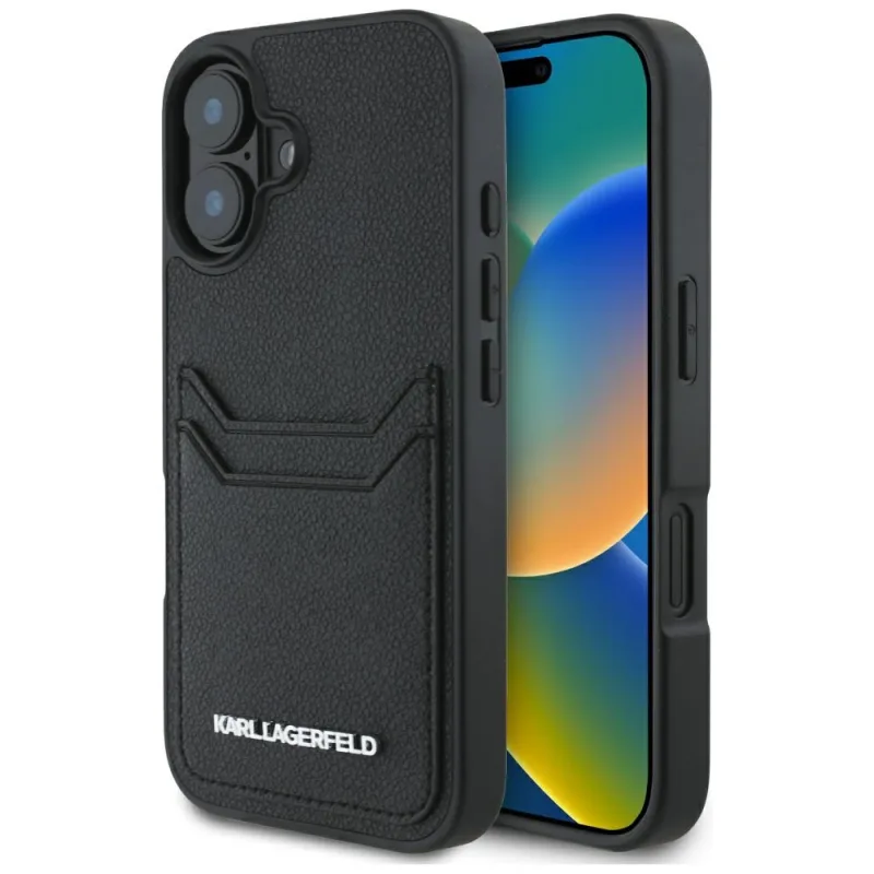 Kovové predĺžené puzdro na iPhone 16 Karl Lagerfeld HC Grained PU Cardslot – čierne