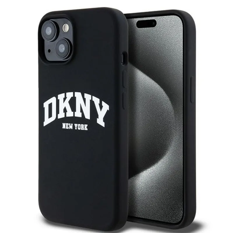 Tekuté silikónové puzdro DKNY s bielym logom MagSafe pre iPhone 14 / 15 / 13 - čierne