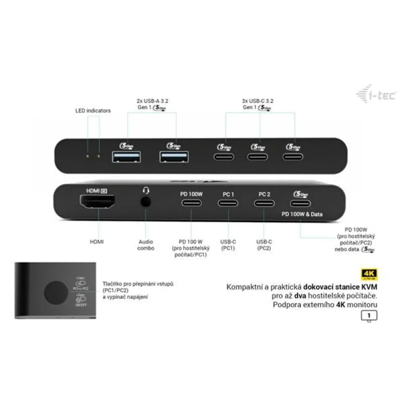 i-tec KVM Docking Station HDMI for 2 hosts, Power Delivery 2x 100W…