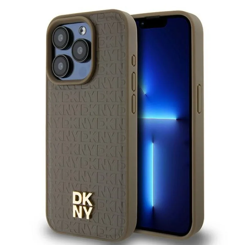 Kožené puzdro DKNY s kovovým logom MagSafe pre iPhone 14 Pro Max – hnedé