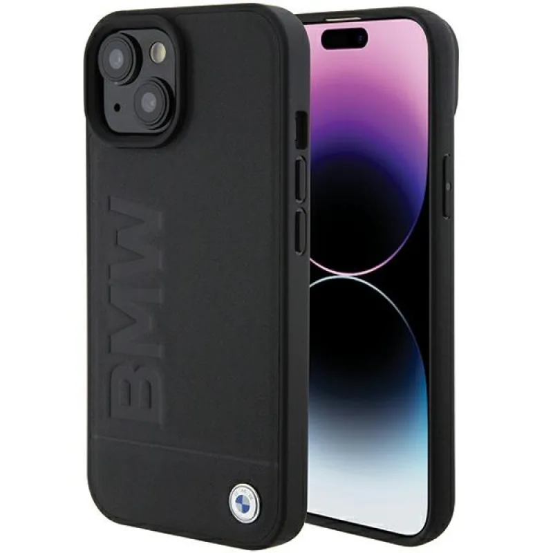 Kožené puzdro BMW Hot Stamp pre iPhone 15 - čierne