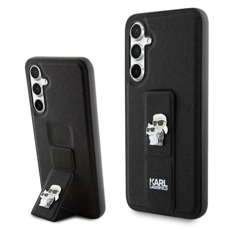Karl Lagerfeld Gripstand Puzdro Saffiano Karl&Choupette Pins pre Samsung Galaxy S23 FE - čierne