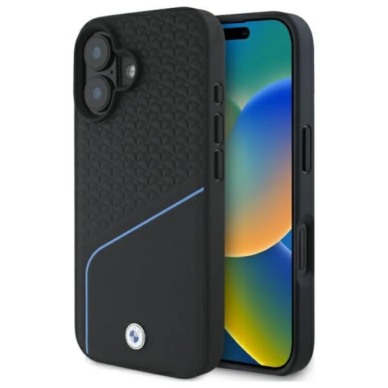 BMW Sign Leather s textúrou a líniou MagSafe iPhone 16 – čierny