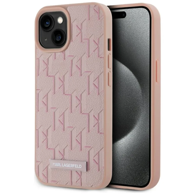 Kožené puzdro Karl Lagerfeld s monogramom a kovovým logom MagSafe iPhone 15 – ružové