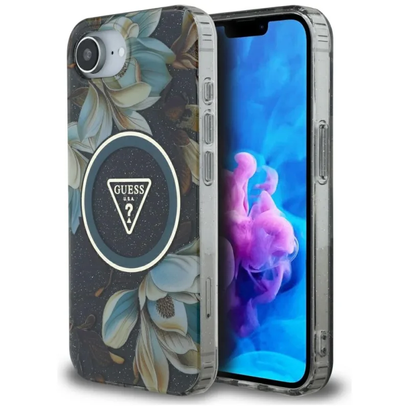 Puzdro Guess IML Metal Glitter Flowers Triangle MagSafe pre iPhone 16e - čierne