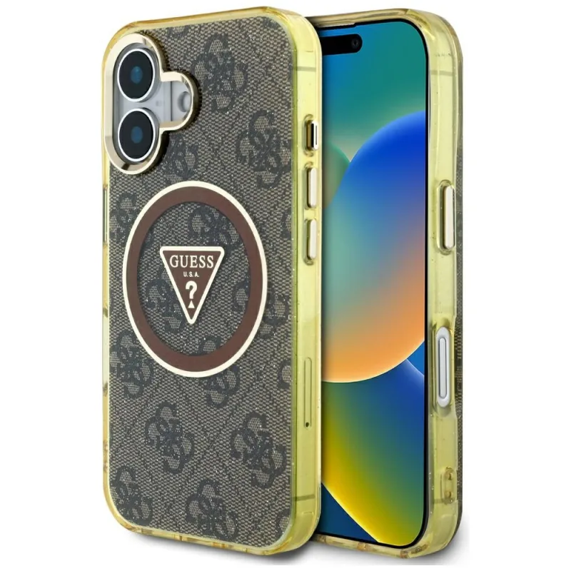 Puzdro Guess IML Metal Glitter 4G Circle Triangle MagSafe Case pre iPhone 16 – hnedé