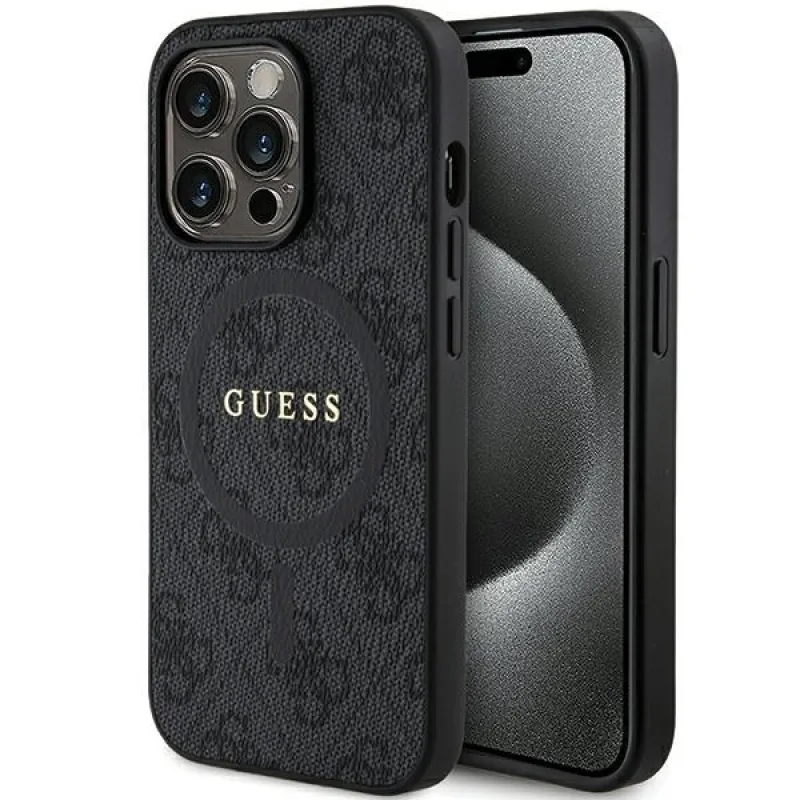 Guess 4G Collection kožené kovové logo MagSafe puzdro pre iPhone 14 Pro - čierne