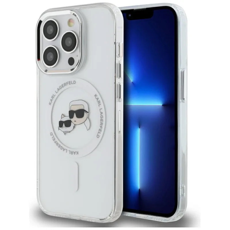 Karl Lagerfeld IML kovové puzdro Karl & Choupette Head MagSafe iPhone 14 Pro – biele