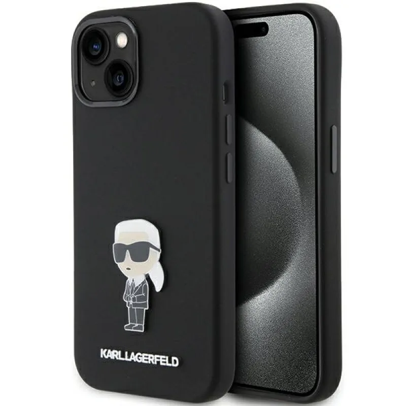 Karl Lagerfeld silikónový obal Ikonik Metal Pin pre iPhone 15 - čierny