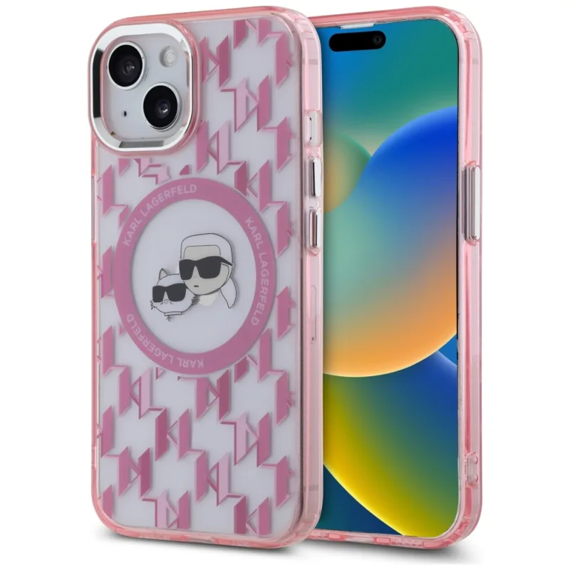 Karl Lagerfeld IML Monogram Karl & Choupette Head MagSafe iPhone 15 Plus puzdro – ružové