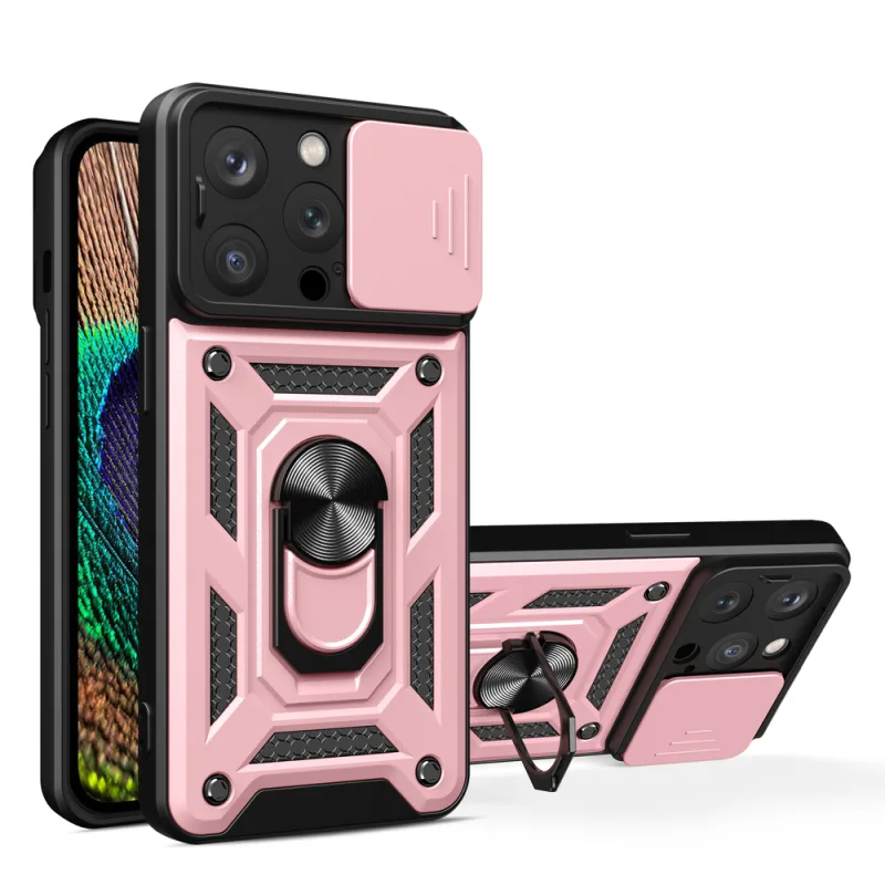 Kryt Hybrid Armor Camshield so stojanom a krytom fotoaparátu pre iPhone 15 Pro - ružový