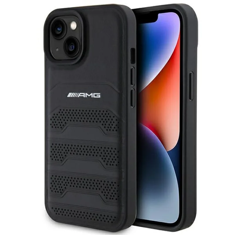 Kožené puzdro AMG Debossed Lines pre iPhone 15 Plus - čierne
