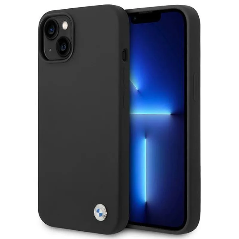 BMW silikónové puzdro s kovovým logom pre iPhone 14 - čierne