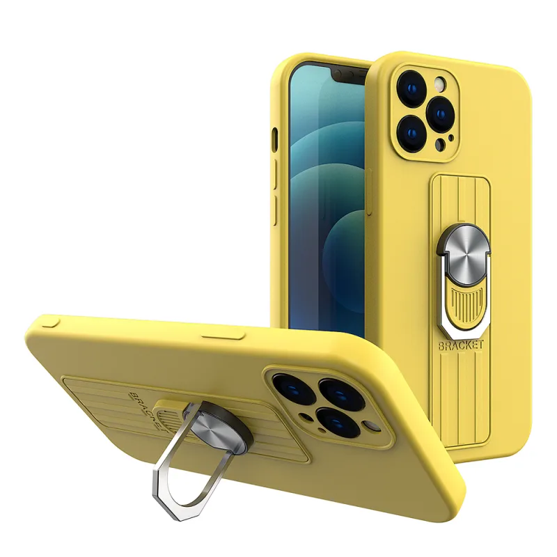 Silikónový obal Ring Case s uchopením na prsty a stojanom pre iPhone 12 Pro Max žltý