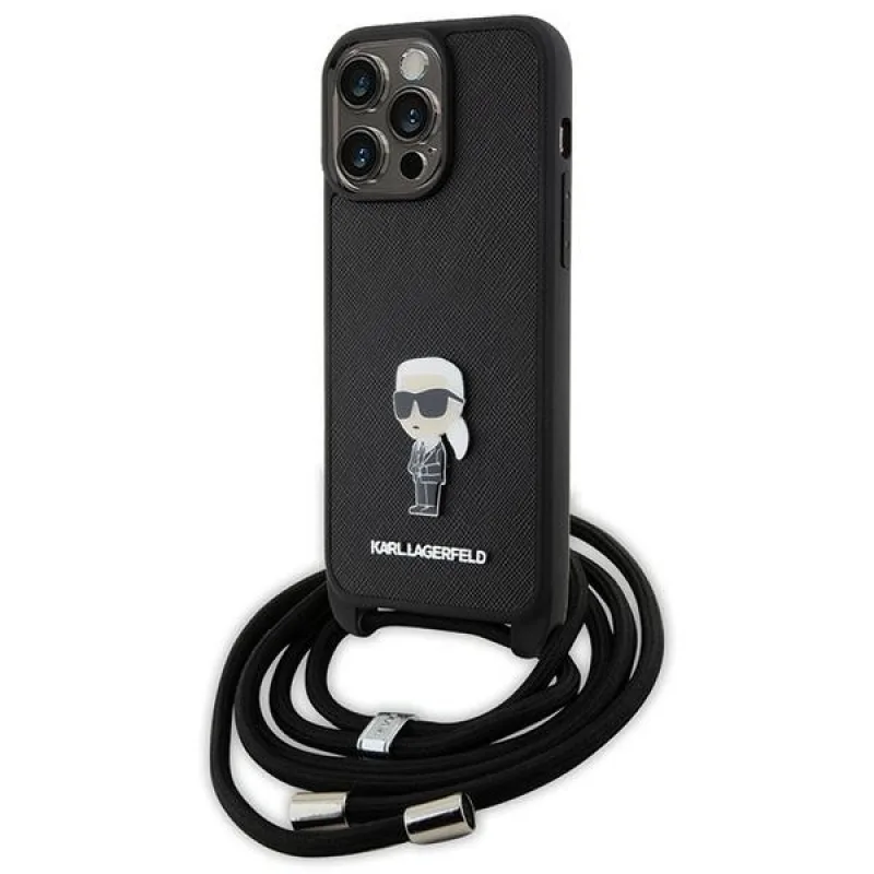 Karl Lagerfeld Crossbody Saffiano Monogram Metal Pin Karl & Choupette Case pre iPhone 15 Pro Max – čierny