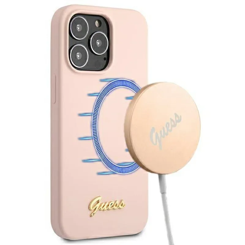 Guess GUHMP13LLSLMGLP iPhone 13 Pro / 13 6,1" svetloružové/svetloružové pevné puzdro Silicone Script Gold Logo Magsafe