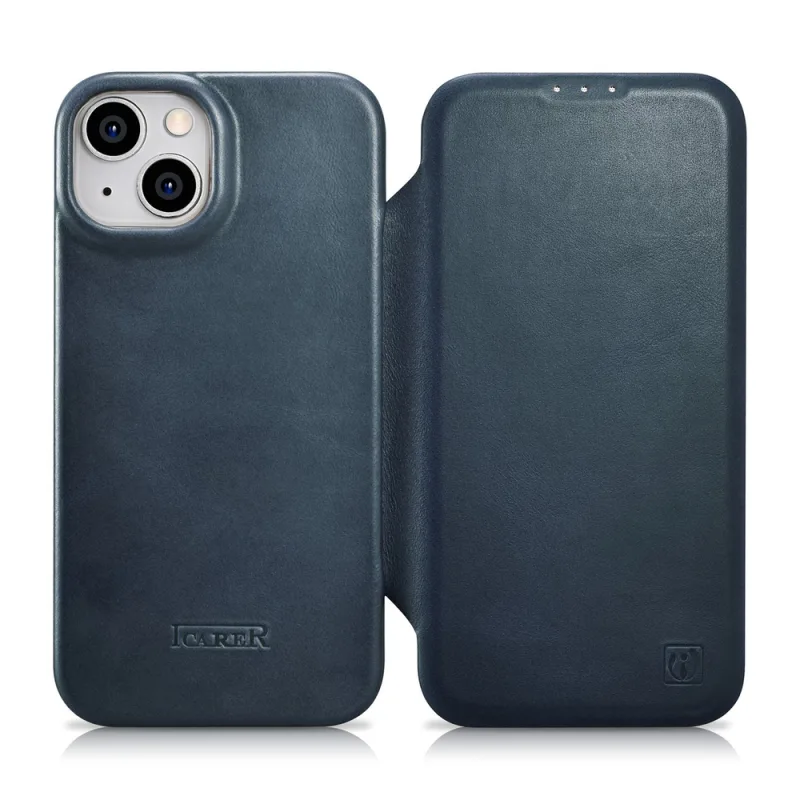 iCarer CE Oil Wax Premium Leather Folio Case iPhone 14 Plus magnetické flipové puzdro MagSafe modré (AKI14220707-BU)