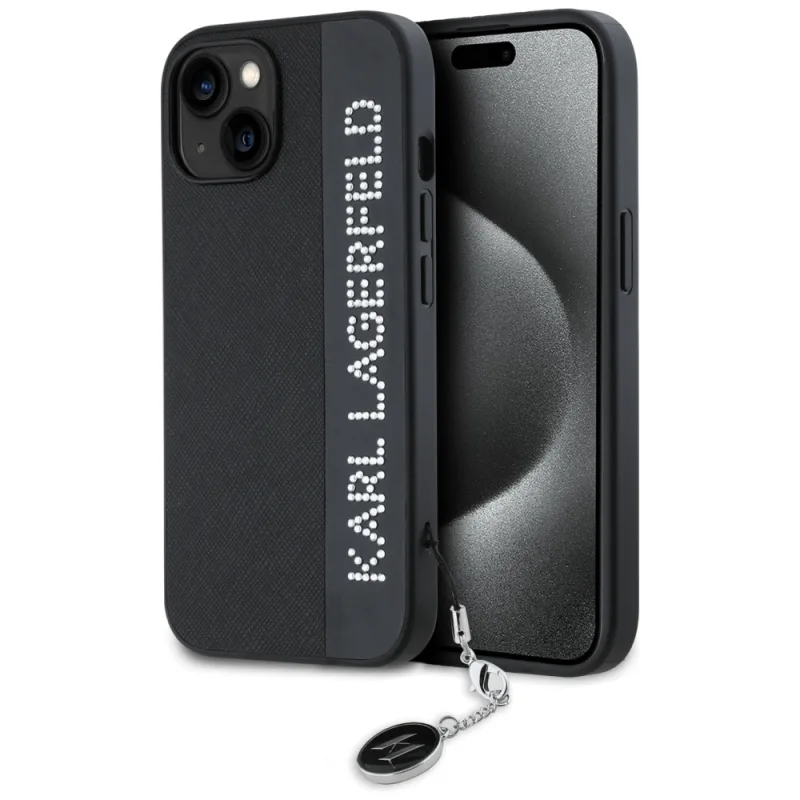 Kryt Karl Lagerfeld Saffiano Rhinestones & Charm pre iPhone 15 / 14 / 13 - čierny
