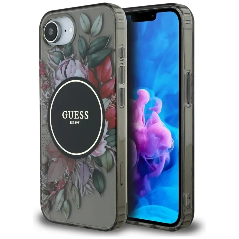Puzdro Guess IML Flowers MagSafe na iPhone 16e – čierne
