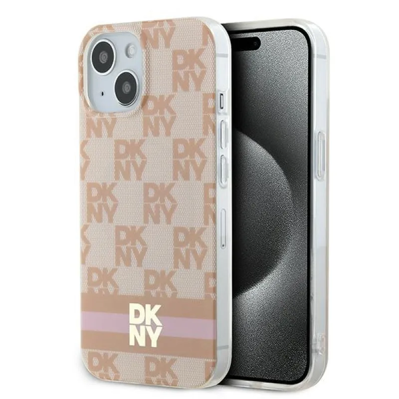 Puzdro MagSafe DKNY IML s kockovaným mono vzorom a tlačenými pruhmi pre iPhone 15 / 14 / 13 - ružové