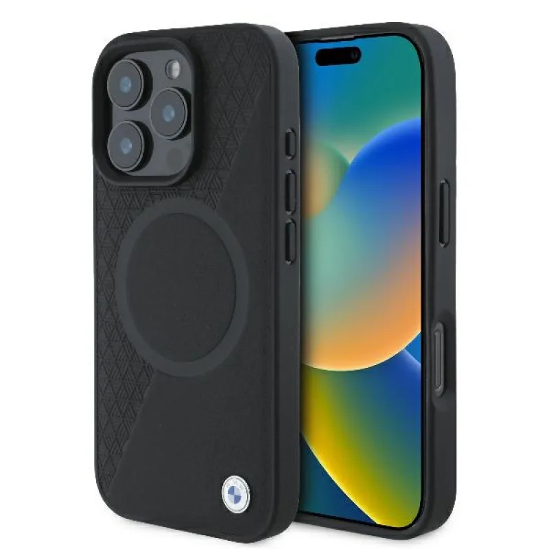 BMW Signature Leather Half Textured & Circle MagSafe puzdro pre iPhone 16 Pro - čierne