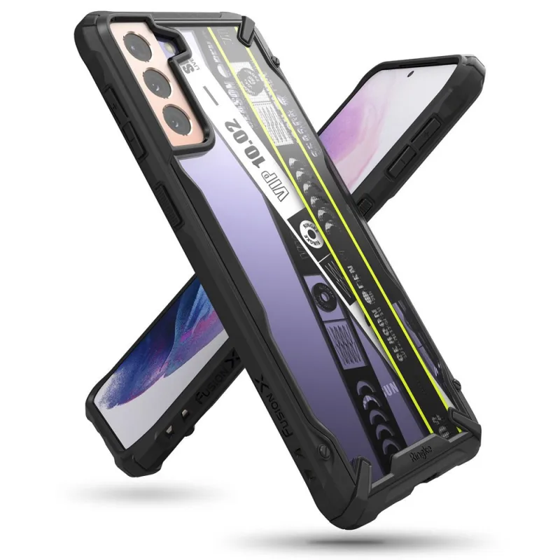Odolný počítačový kryt Ringke Fusion X Design s TPU nárazníkom pre Samsung Galaxy S21+ 5G (S21 Plus 5G) čierny (pásik na lístky) (XDSG0052)