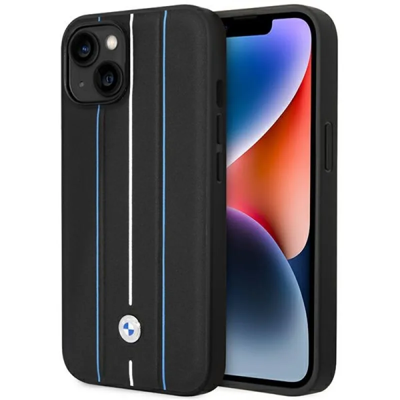 Puzdro BMW BMHCP14S22RVSK iPhone 14 6,1" čierne/čierne pevné puzdro Leather Stamp Blue Lines
