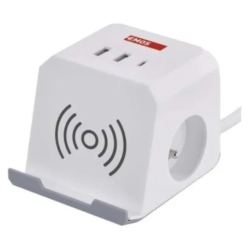 EMOS Predlžovací kábel - kocka 2 m / 2 zásuvky / biely / 2×USB-A + 1×USB-C+Qi / 1,5 mm2