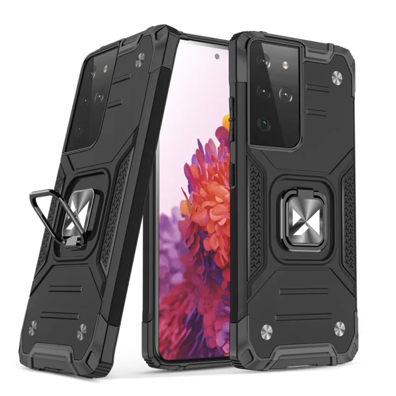 Pevný hybridný kryt puzdra Wozinsky Ring Armor + magnetický držiak pre Samsung Galaxy S22 Ultra black