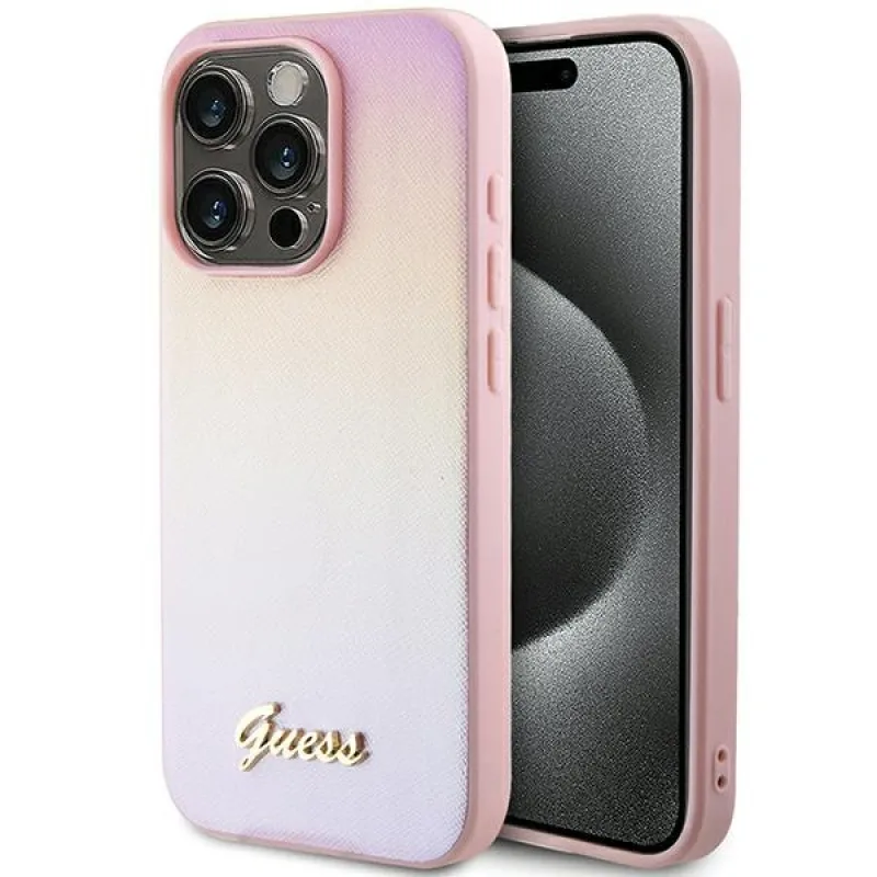 Puzdro Guess Saffiano Iridescent Script pre iPhone 15 Pro - ružové